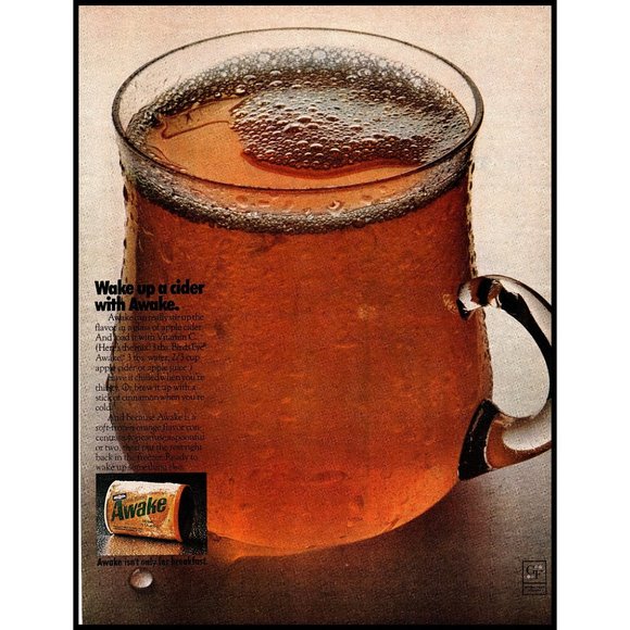 1970 Awake Apple Cider Vintage Print Ad Clear Glass Coffee Cup Wall Art 10x13 - Picture 1 of 1